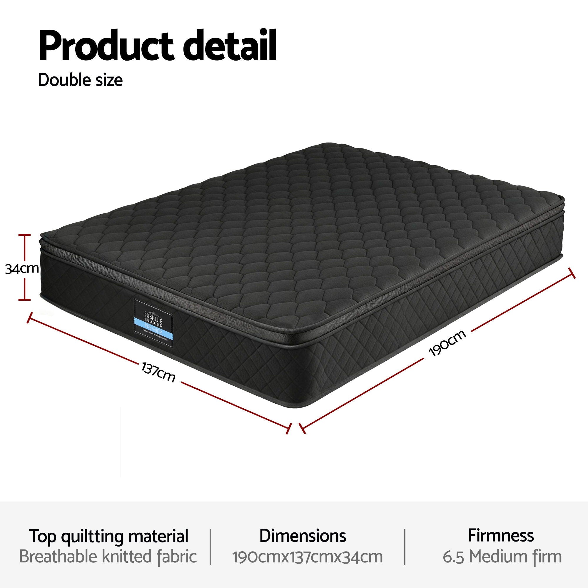 Atlas Mattress 34cm Euro Top 5-Zone Pocket Spring Black – Double