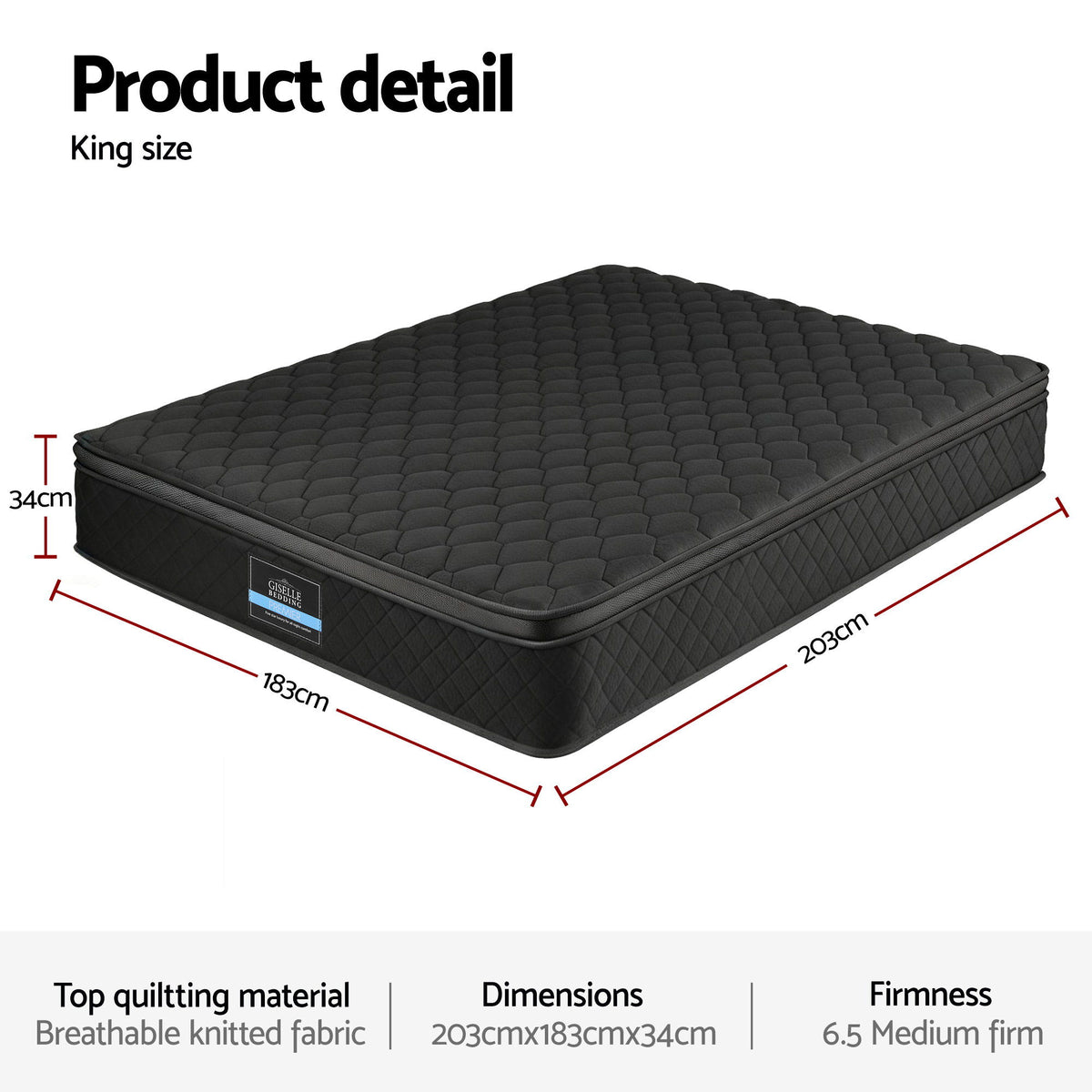 Atlas Mattress 34cm Euro Top 5-Zone Pocket Spring Black – King