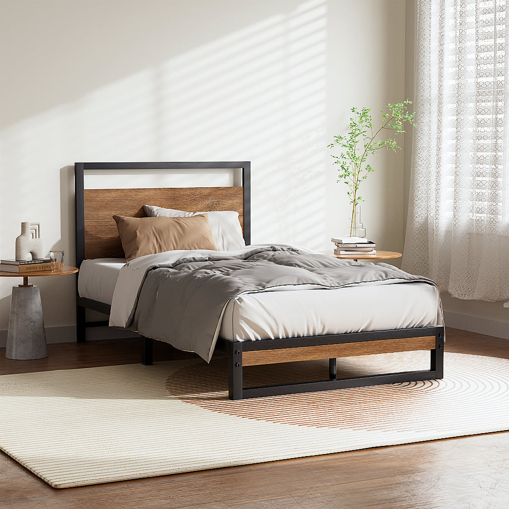 Hudson Industrial Metal Bed Frame – Black & Dark Wood – Single