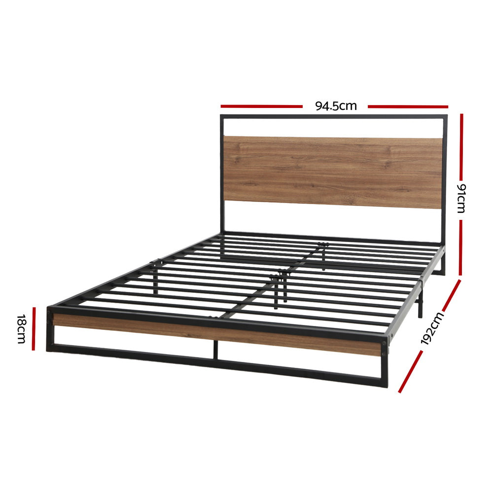 Hudson Industrial Metal Bed Frame – Black & Dark Wood – Single