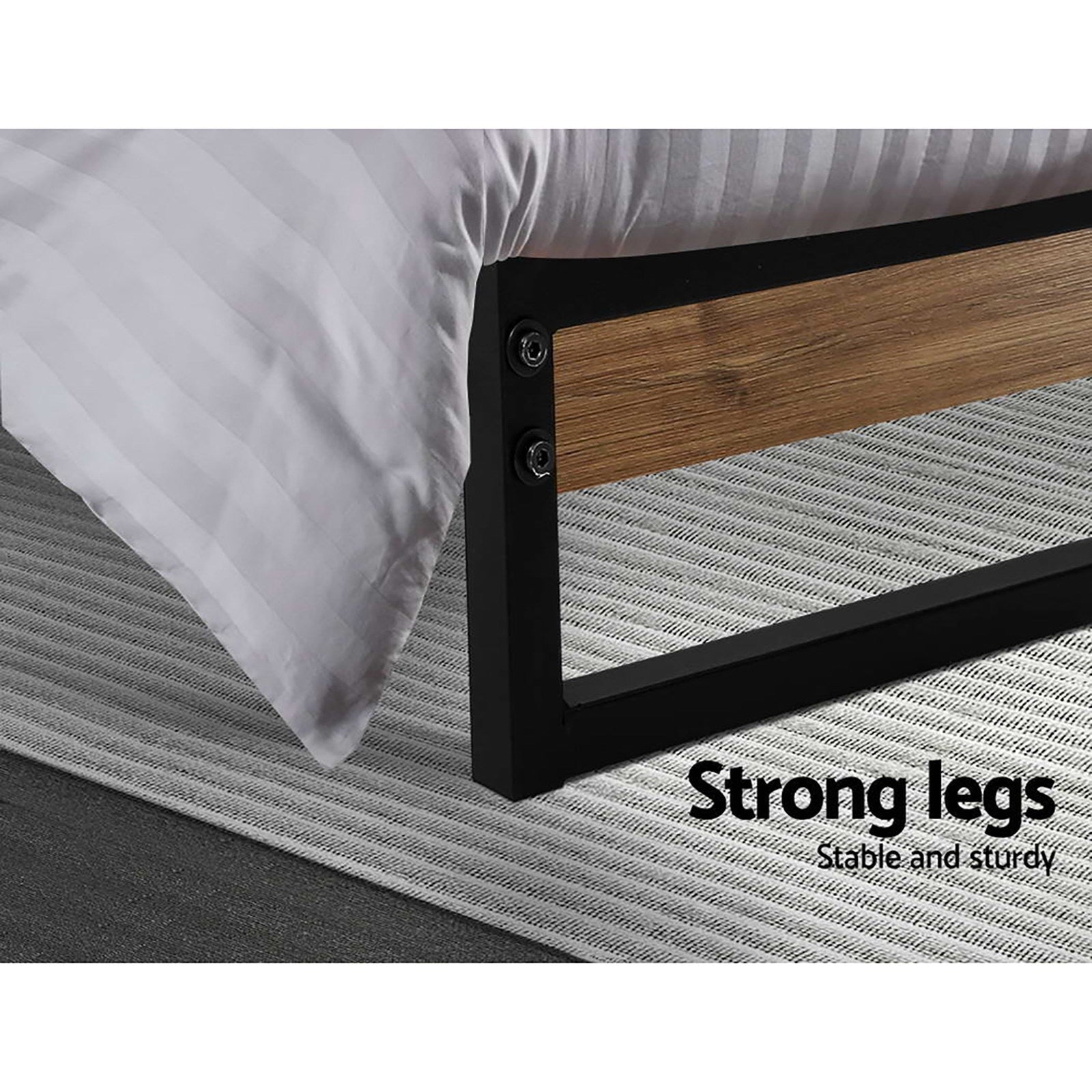 Hudson Industrial Metal Bed Frame – Black & Dark Wood – Single