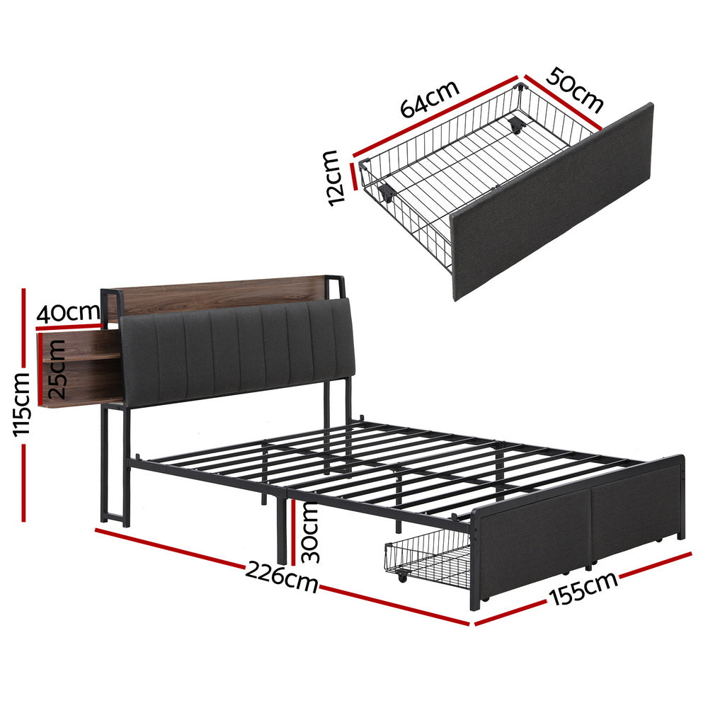 Nova Storage Bed Frame with Charging Station – Grey – Queen