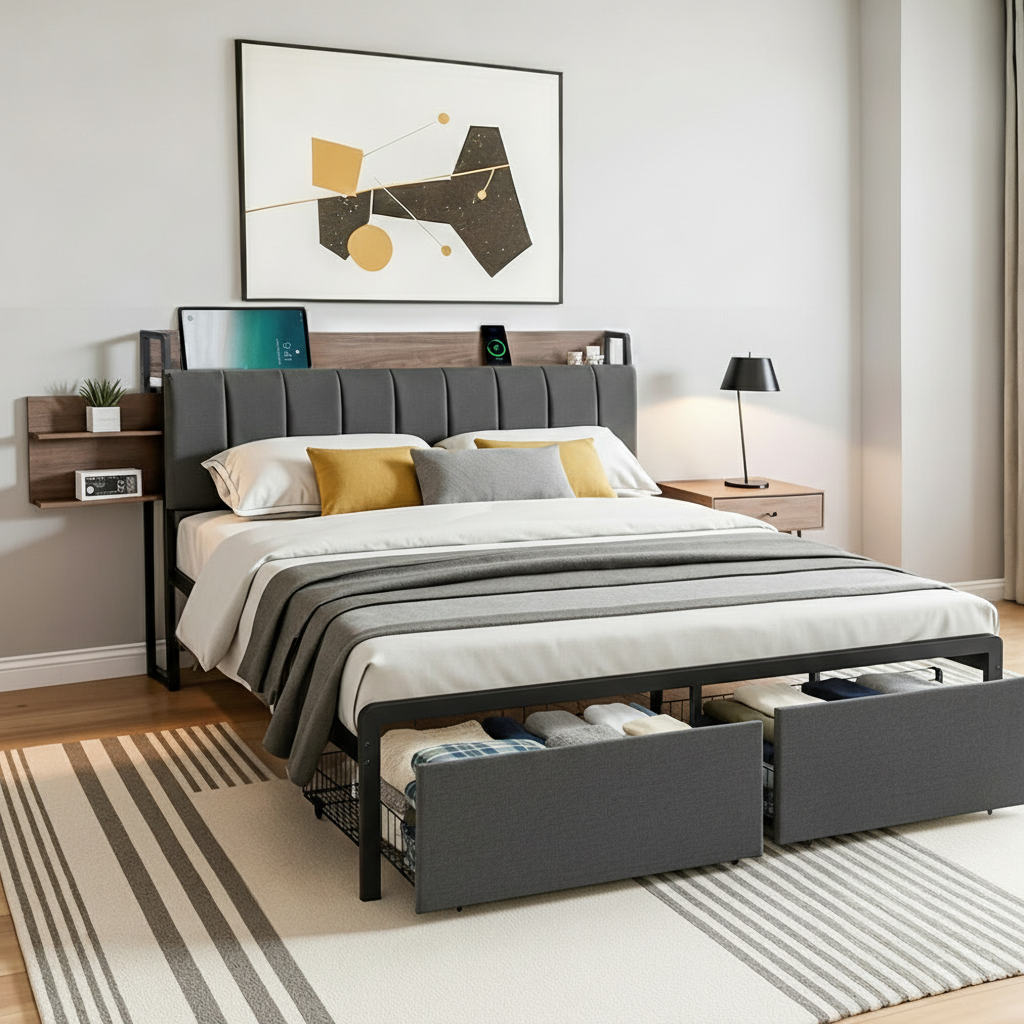 Nova Metal Bed Frame with 2 - Tier Hidden Storage with Charging Station – Queen