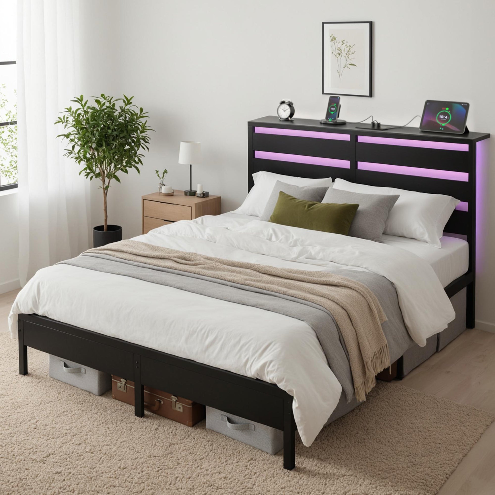 Bed Frame LED Metal Bed Base with Charging Station – Queen