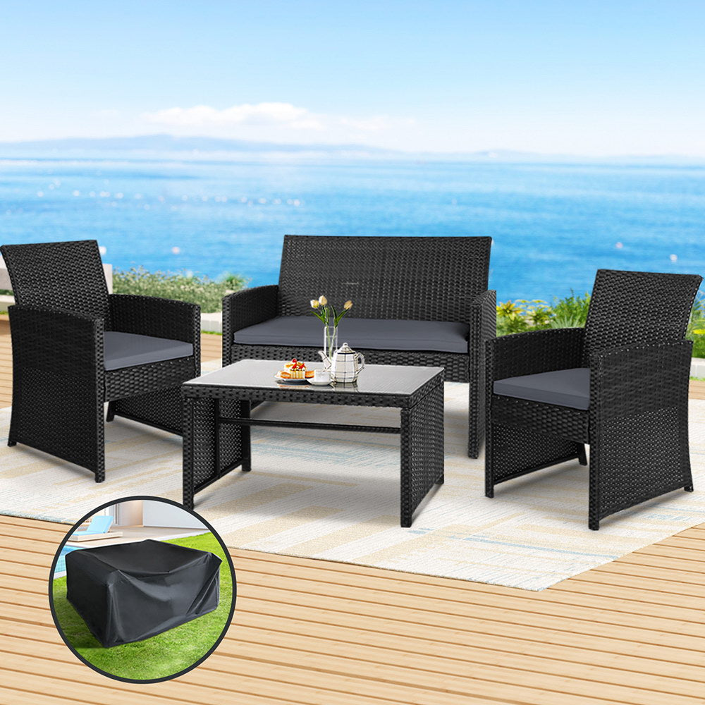Linden 4 PCS Outdoor Sofa Set with Storage Cover Rattan Chair Furniture Black