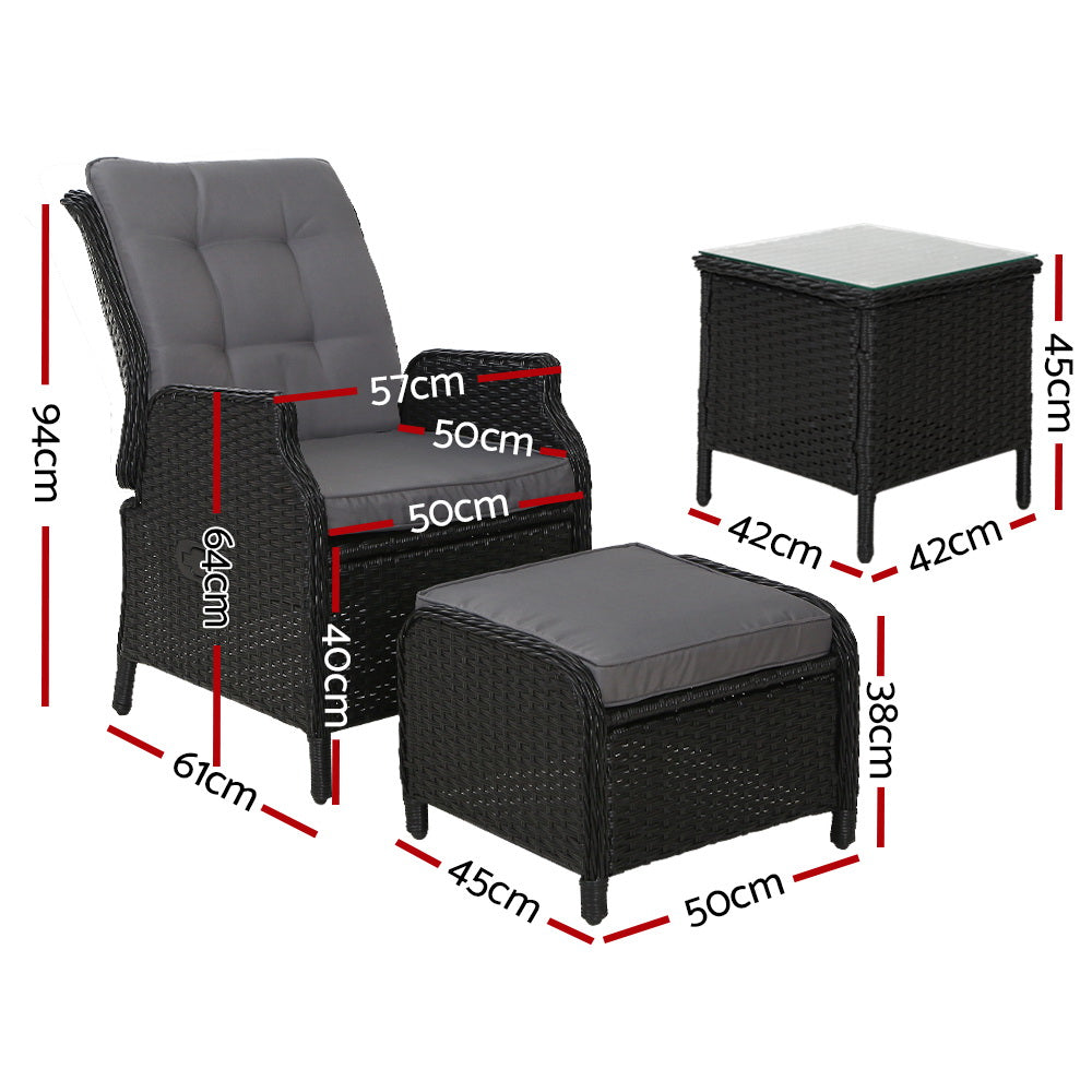 Valencia Outdoor Recliner Set with Table & Ottomans – Wicker Black – 5 Piece
