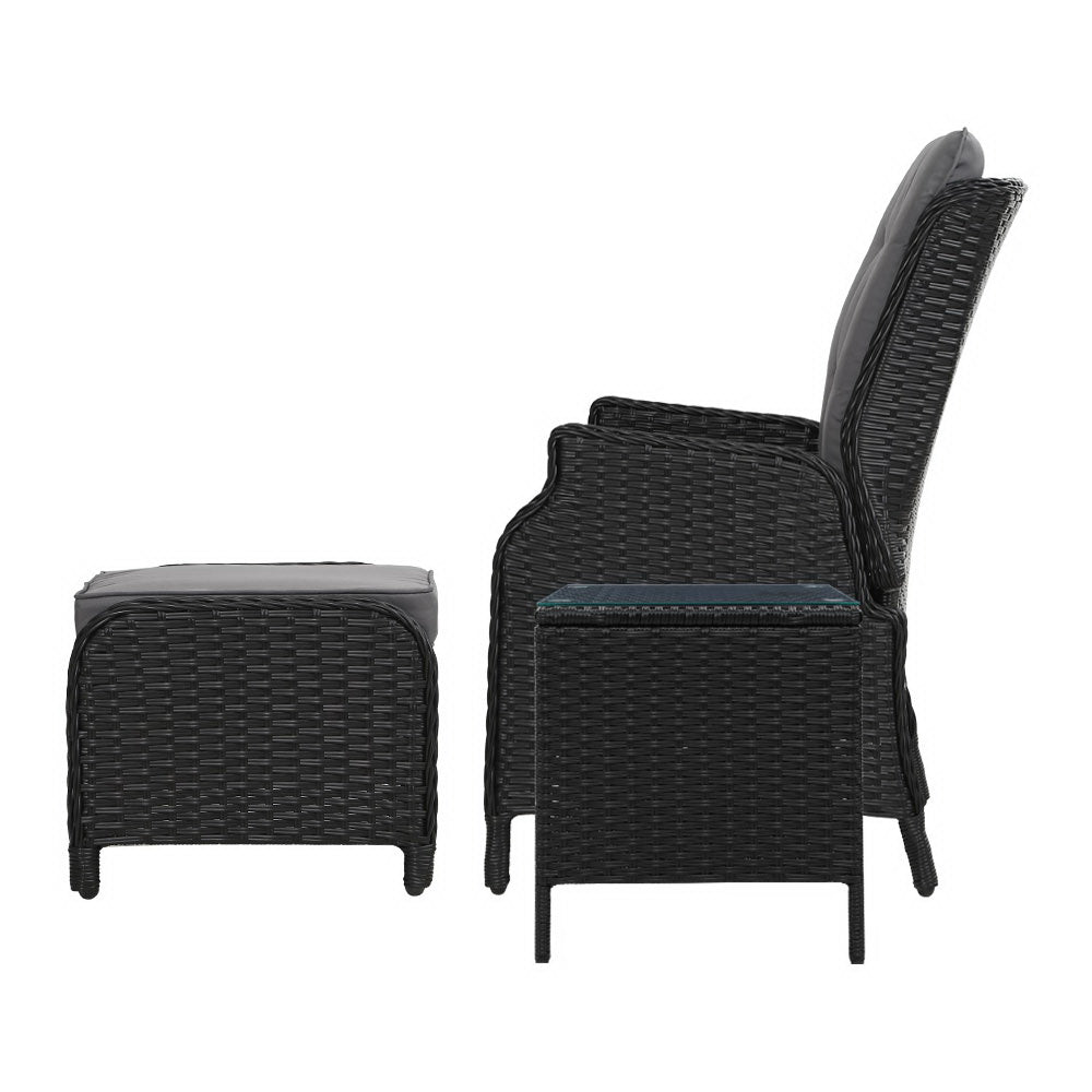 Valencia Outdoor Recliner Set with Table & Ottomans – Wicker Black – 5 Piece