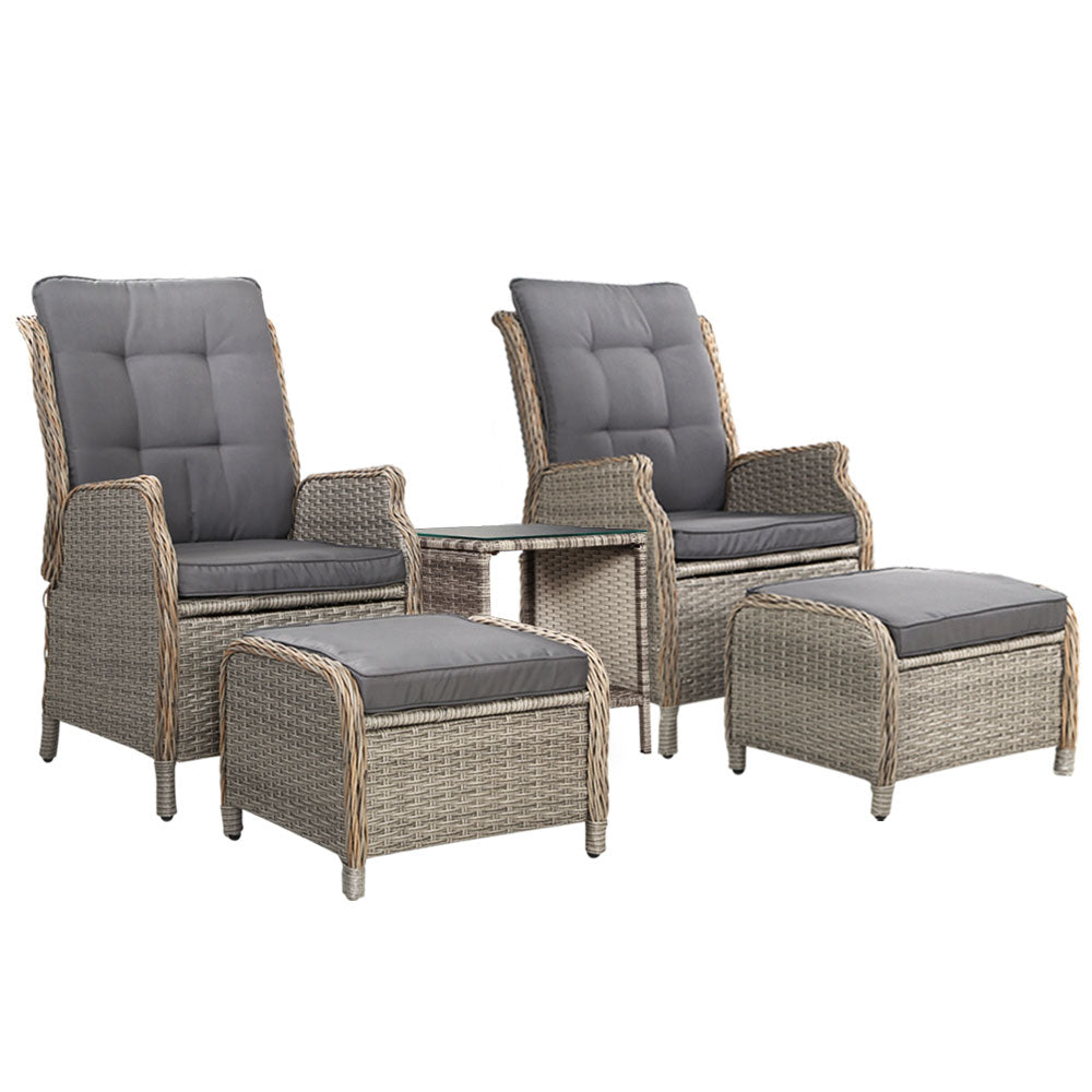 Valencia Outdoor Recliner Set with Table & Ottomans – Wicker Grey – 5 Piece