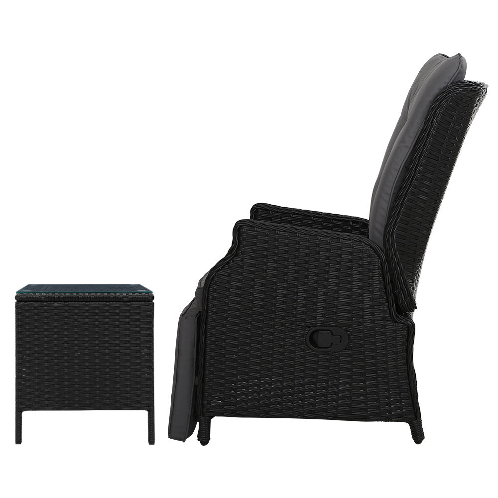 Palermo Outdoor Recliner Set with Table – Wicker Black – 3 Piece