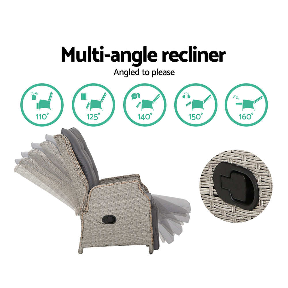 Palermo Outdoor Recliner Set with Table – Wicker Grey – 3 Piece