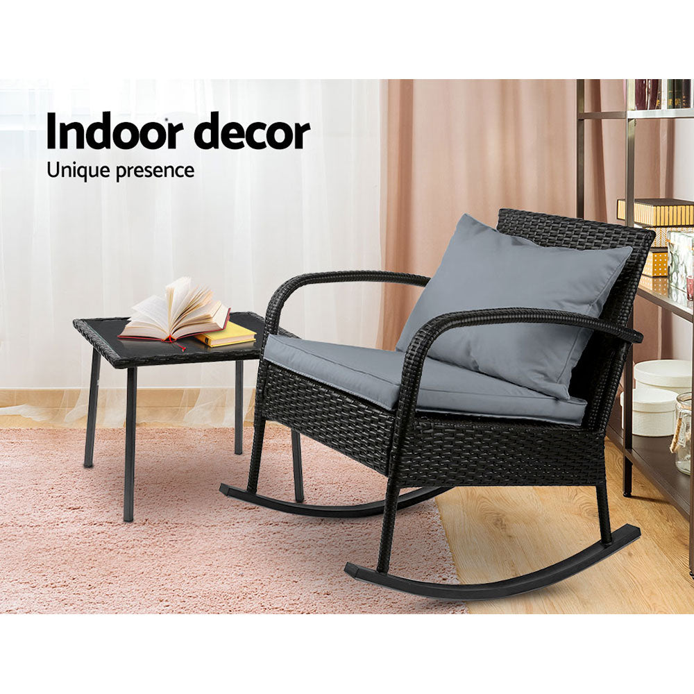 Serano 2-Piece Wicker Rocking Chair & Table Set – Black – 79 cm