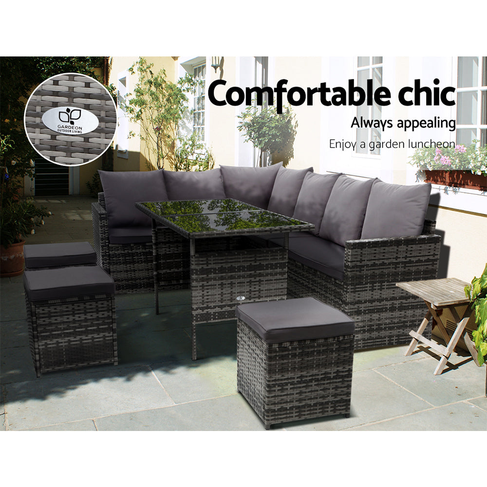 Oceana Outdoor Sofa Dining Set – Grey – 9 Seater with Ottomans