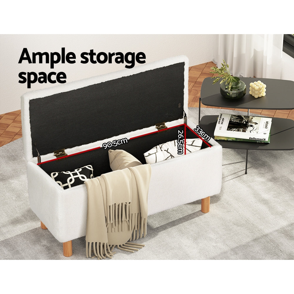 Lynton Bouclé Storage Ottoman – White – 99 cm