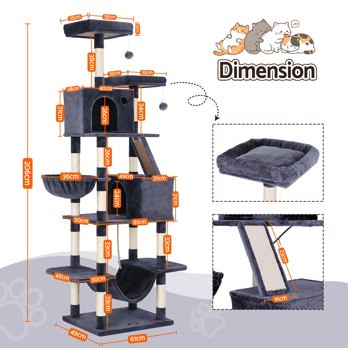 Cortez Cat Tree Tower – Grey – 206 cm