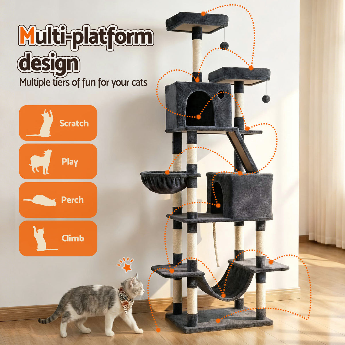 Cortez Cat Tree Tower – Grey – 206 cm