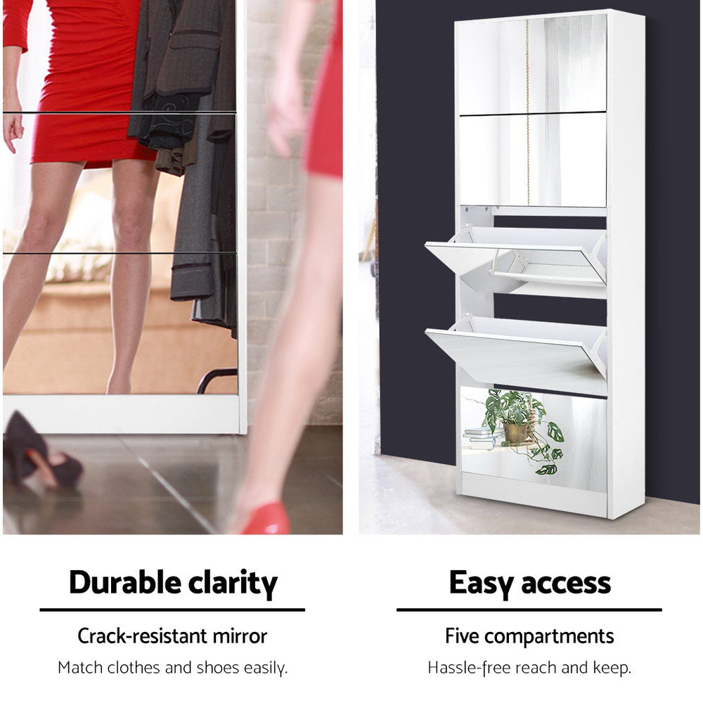 Miralux 5-Drawer Mirrored Shoe Cabinet – White – Large