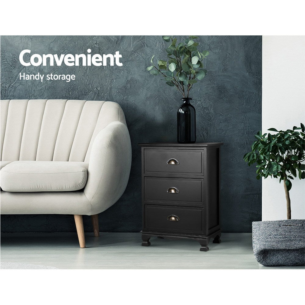 Cordelia Vintage Bedside Table – Black – 3 Drawers