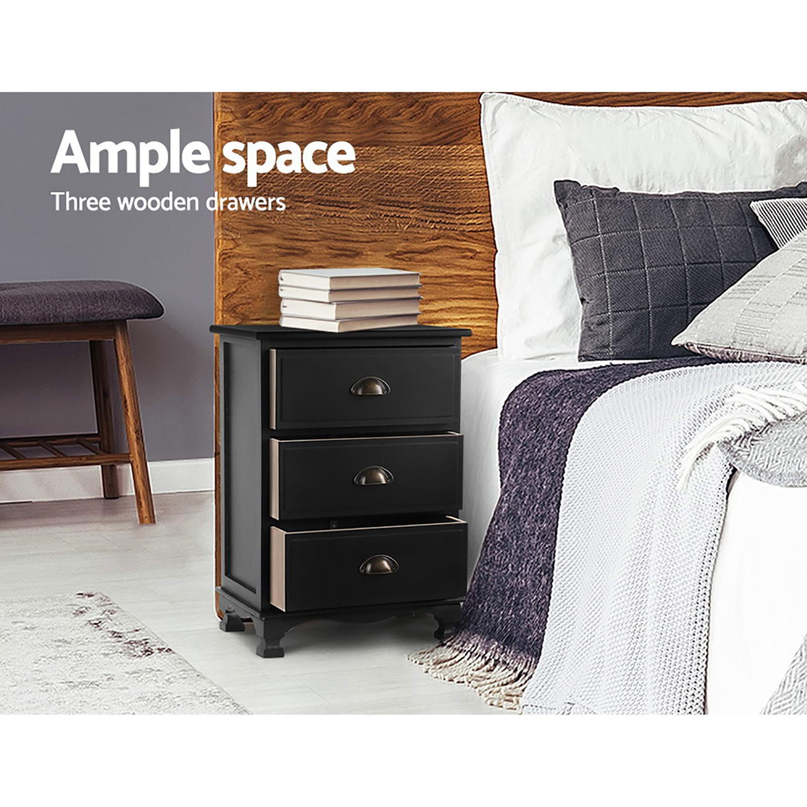 Linden Vintage Bedside Tables – Black – Set of 2
