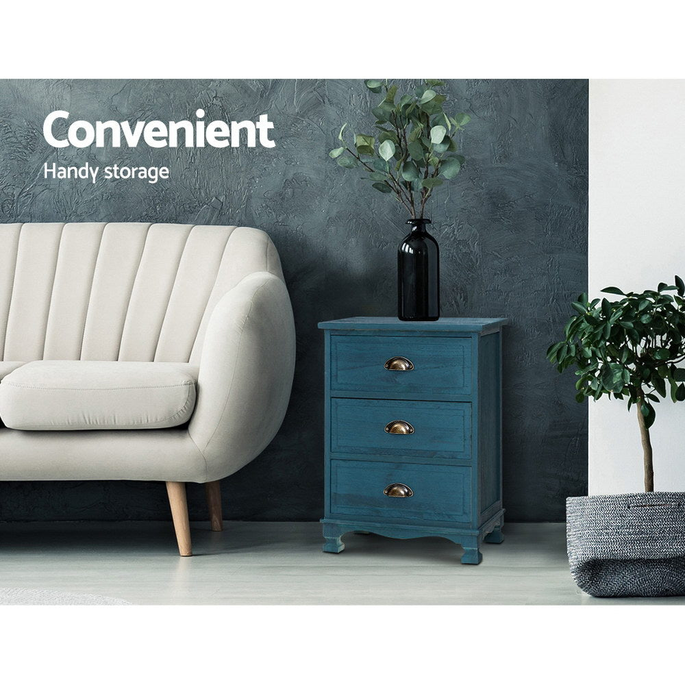 Marlowe Vintage Bedside Table – Blue – 3 Drawer