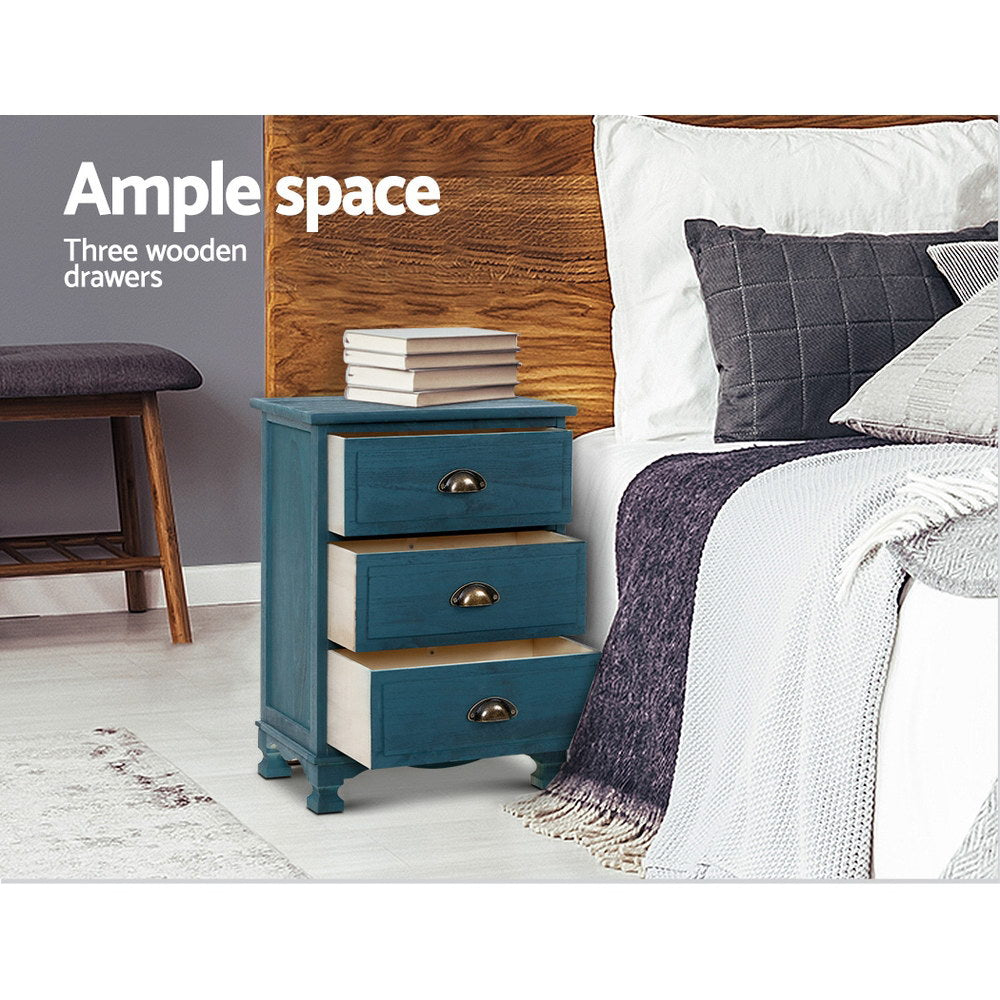 Marlowe Vintage Bedside Table – Blue – 3 Drawer