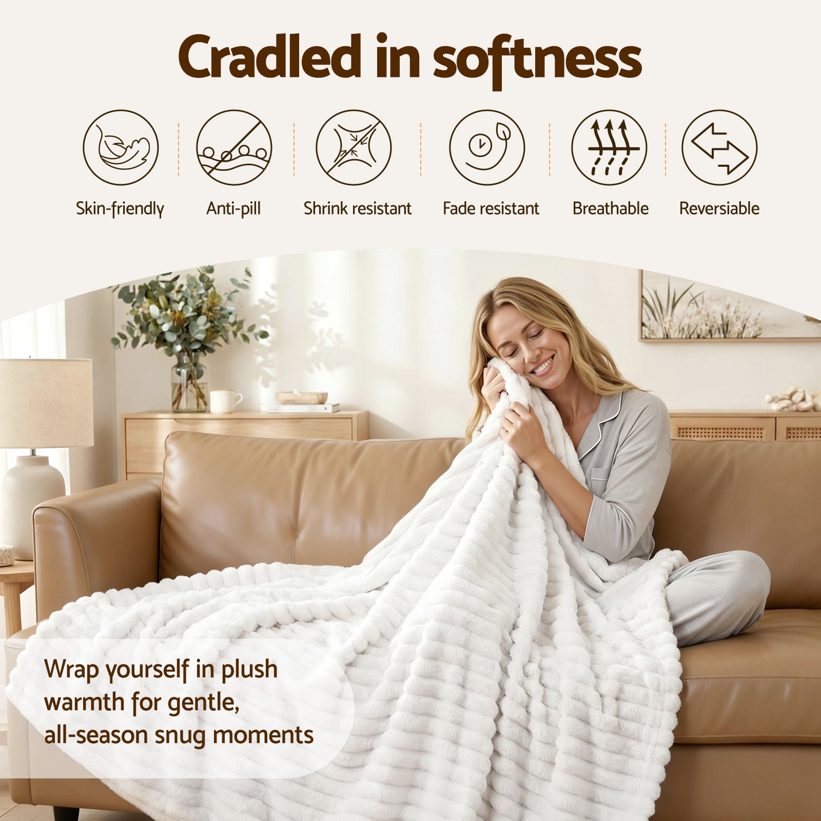 Serena Fleece Throw Blanket – White – Queen