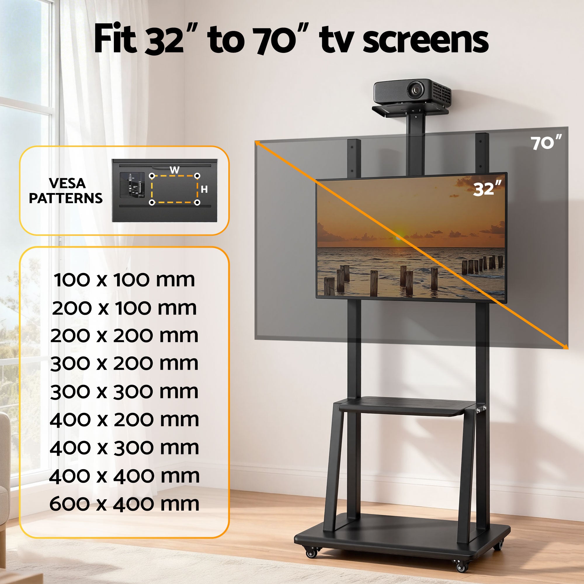 Corin Adjustable TV Floor Stand Mount – Black – 32–70 Inch