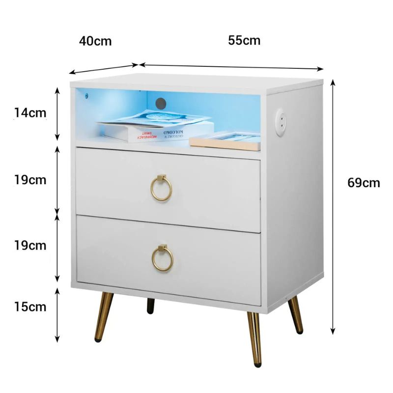 Amelia LED Bedside Table – White – Single