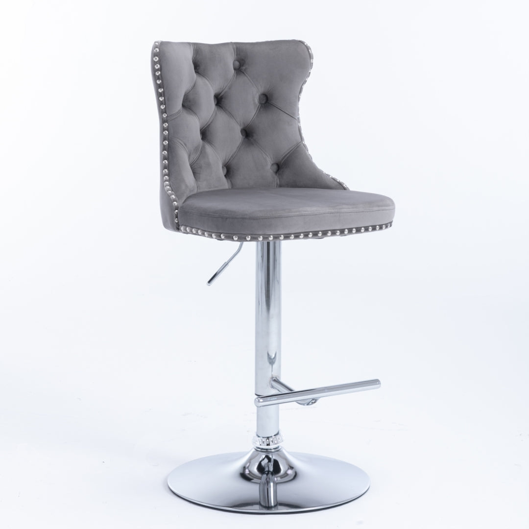 Sterling Velvet Swivel Bar Stools with Footrest – Grey – Set of 2