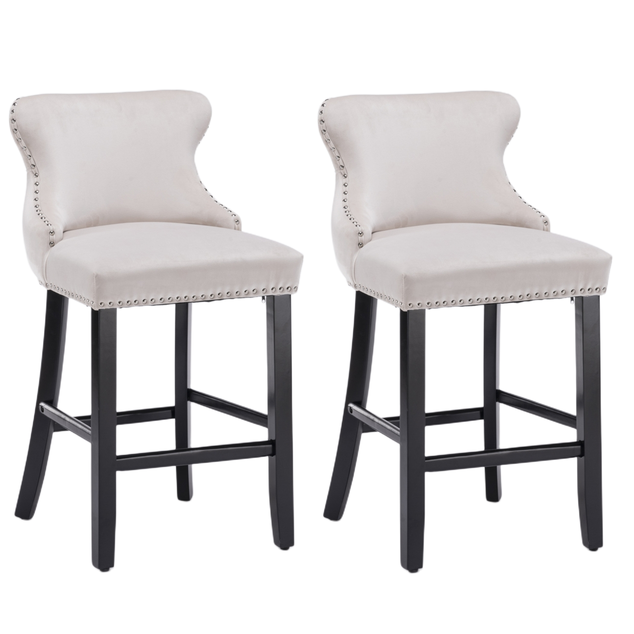 Linden 2x Velvet Upholstered Button Tufted Bar Stools with Wood Legs and Studs - Beige