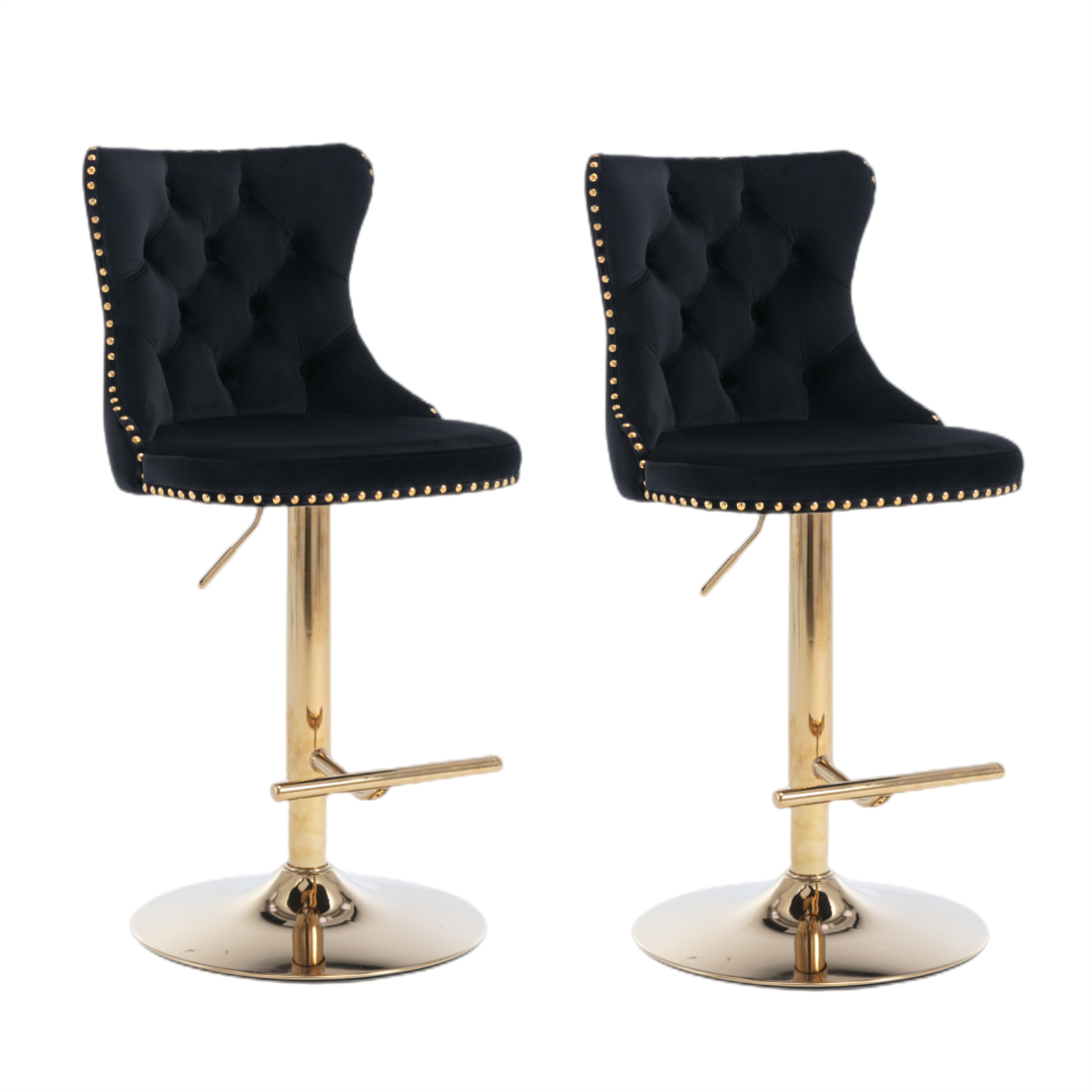 Linden 2x Height Adjustable Swivel Bar Stool Velvet Studs Barstool with Footrest and Golden Base - Black