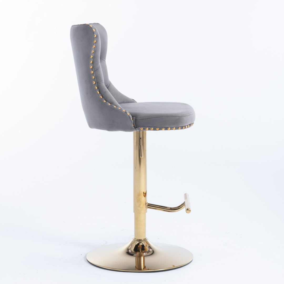Linden Velvet Swivel Bar Stools with Footrest – Grey – Set of 2