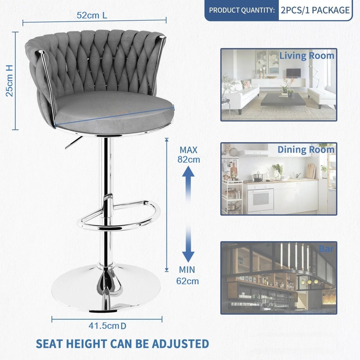 Meridian Velvet Swivel Counter Stools – Grey – Set of 2