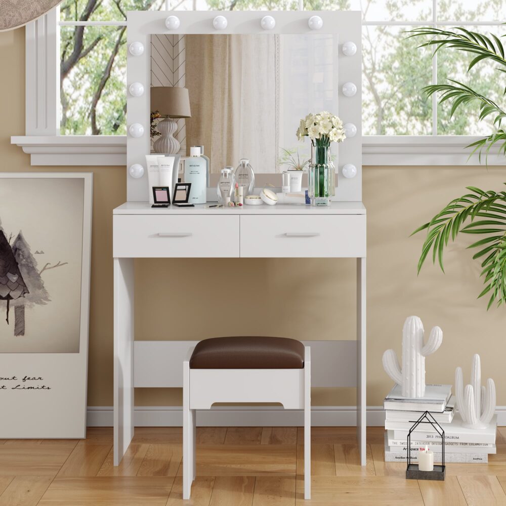 Fidel Vanity Set with Cushioned Stool and Lighted Mirror - White