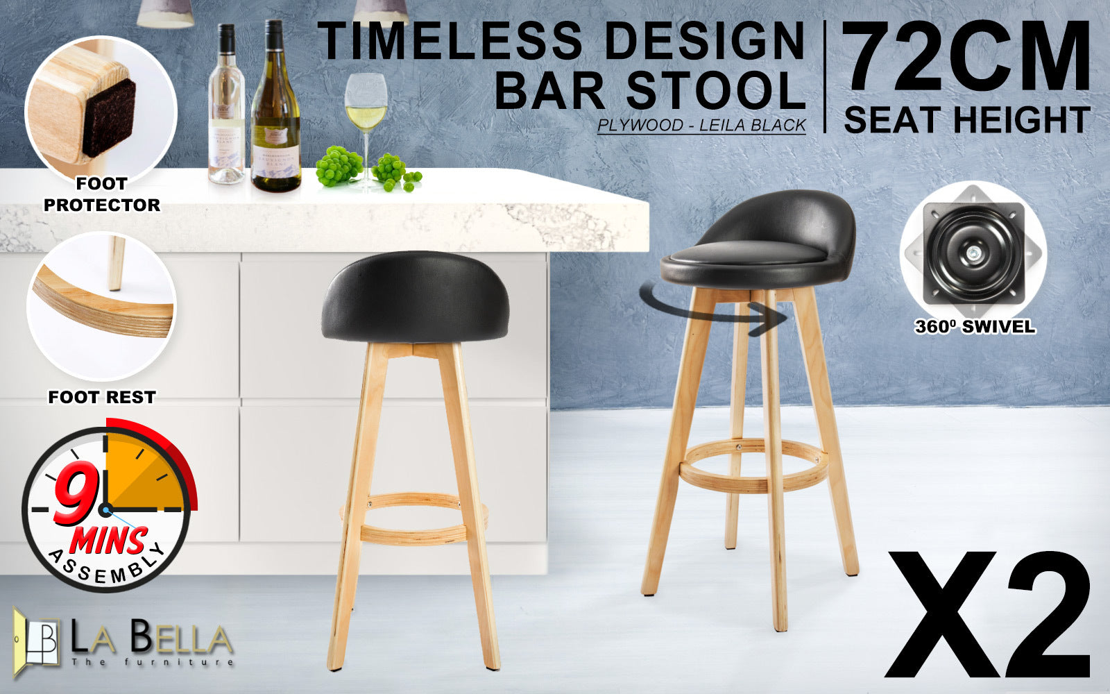 Bella Leather Bar Stools – Beige – Set of 2