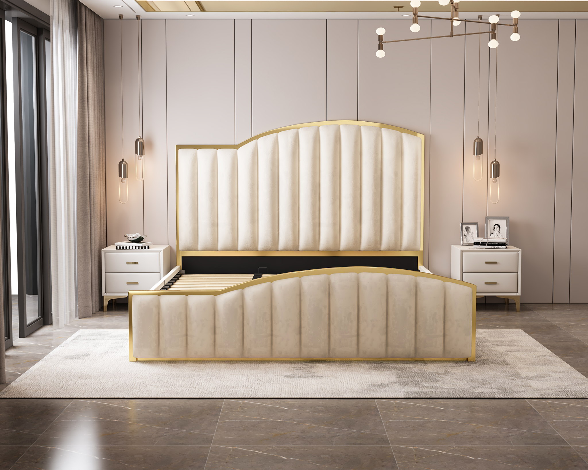 Starshine Velvet Gas Lift Bed Frame – Beige – King