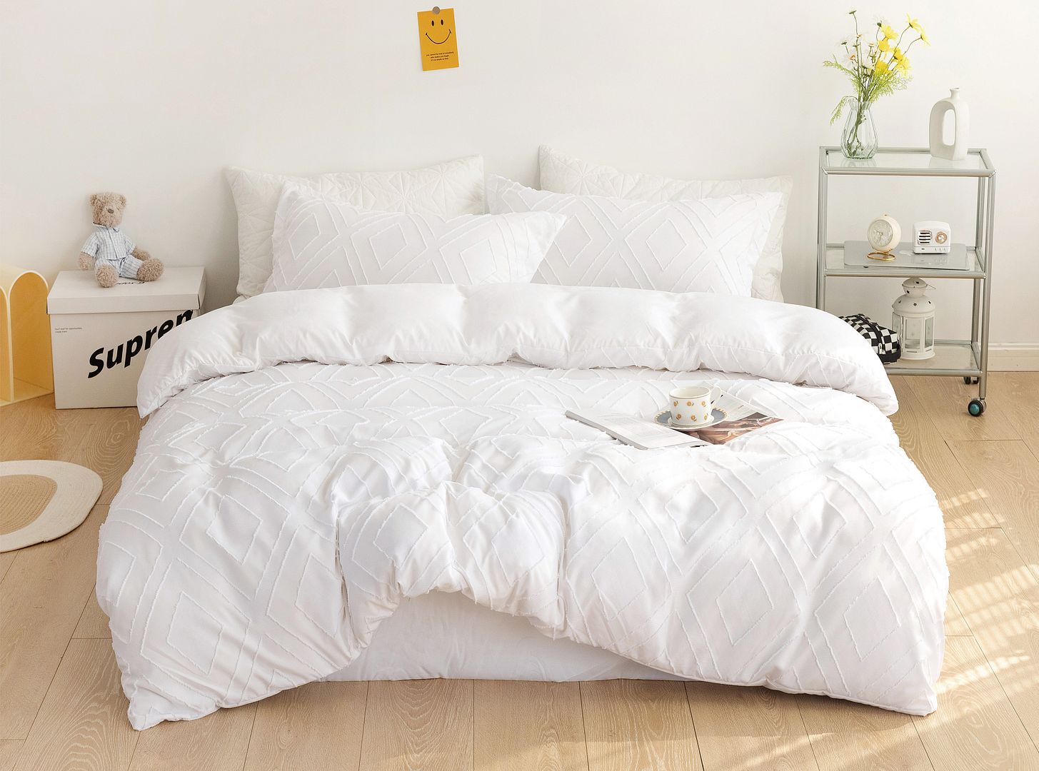 Calista Tufted Diamond Jacquard Quilt Cover / Duvet Cover Set – White – King