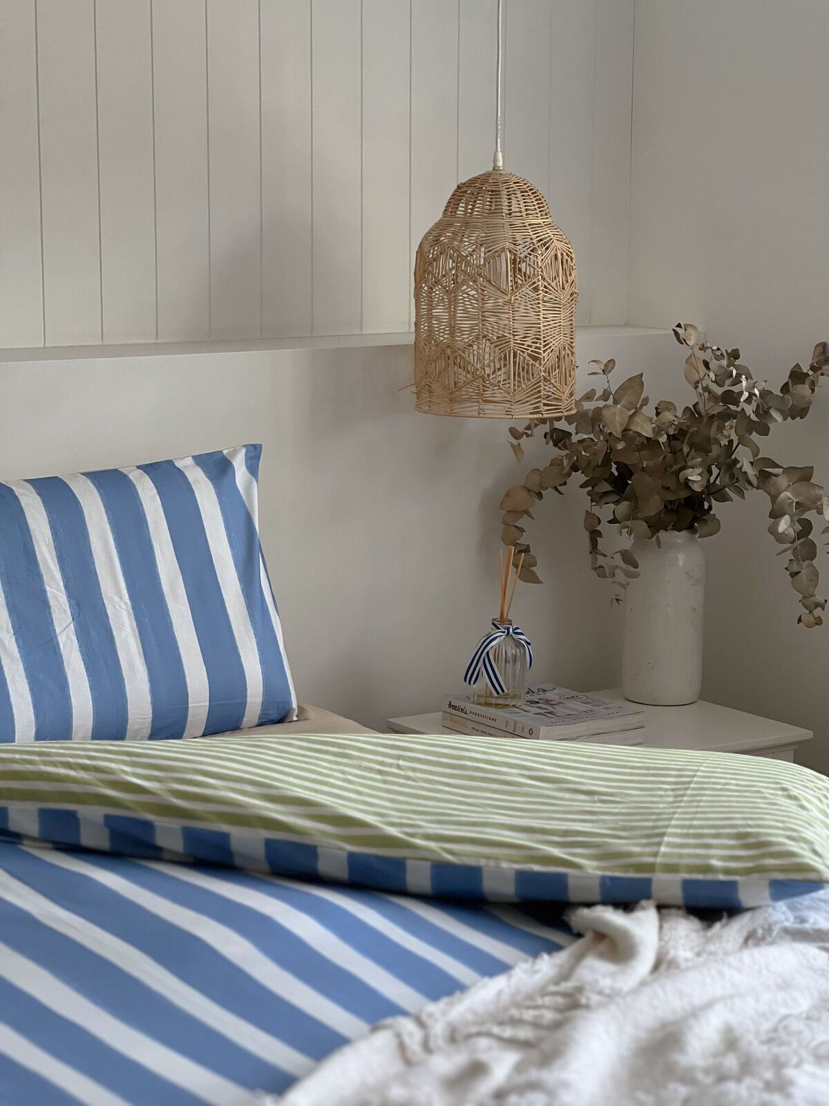 Linden Cotton Quilt Cover Set – Blue Green White Stripe – Double