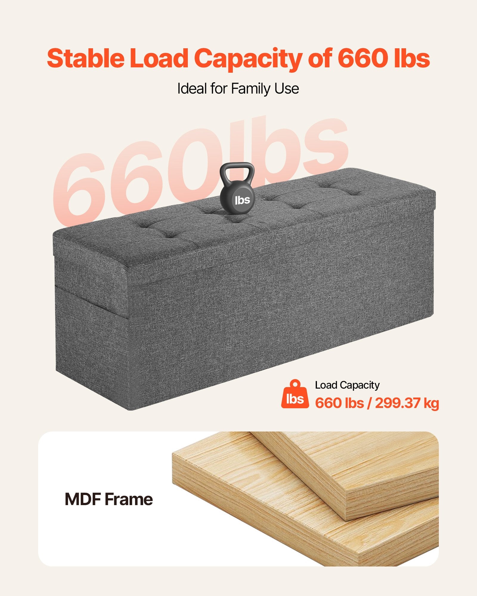 Harlow Foldable Storage Ottoman Bench – Grey