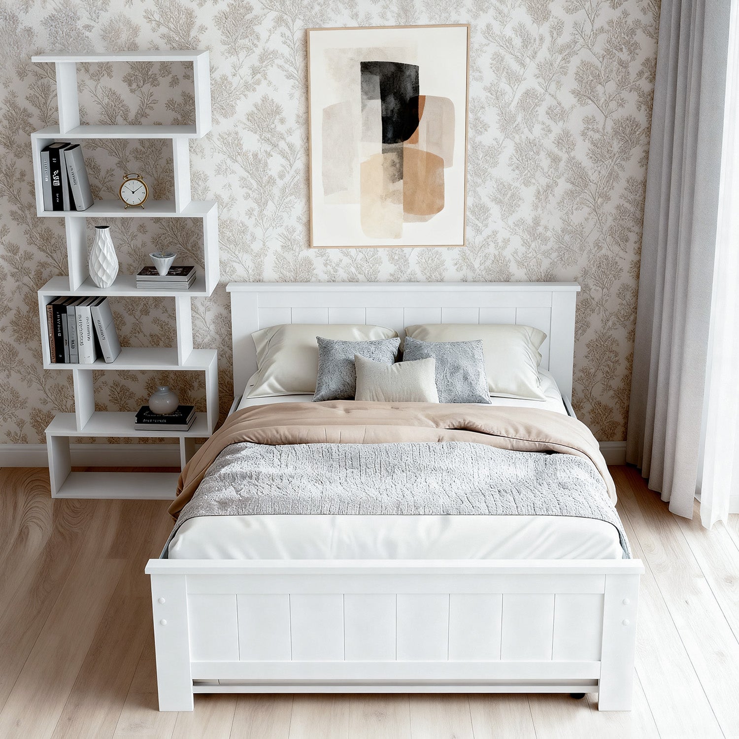 Harrison Trundle Bed Frame & Display Bookshelf Set – White – King Single