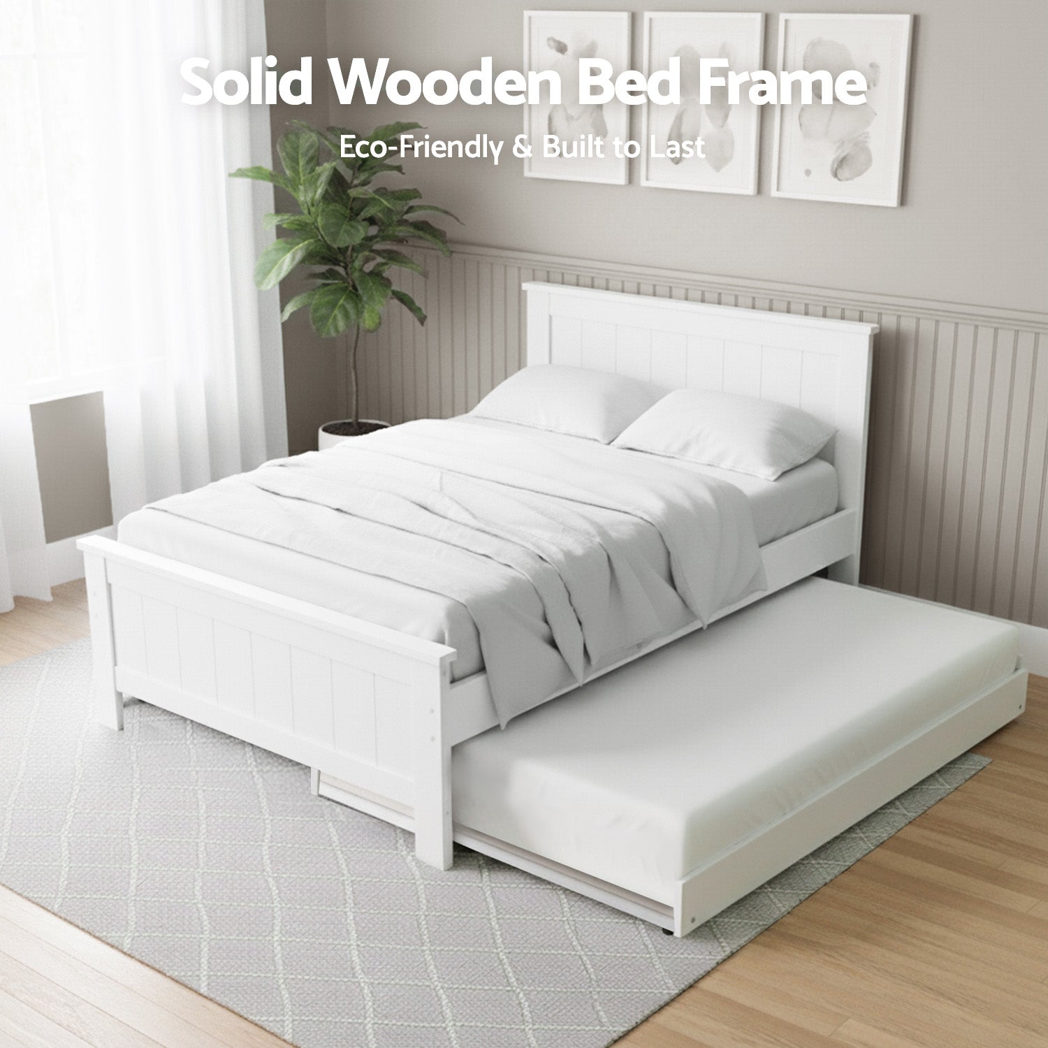 Harrison Trundle Bed Frame & Display Bookshelf Set – White – King Single
