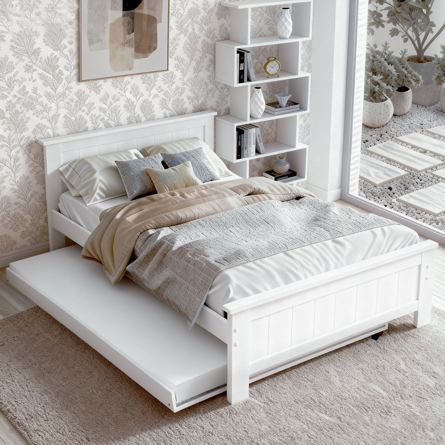 Harrison Trundle Bed Frame & Display Bookshelf Set – White – King Single