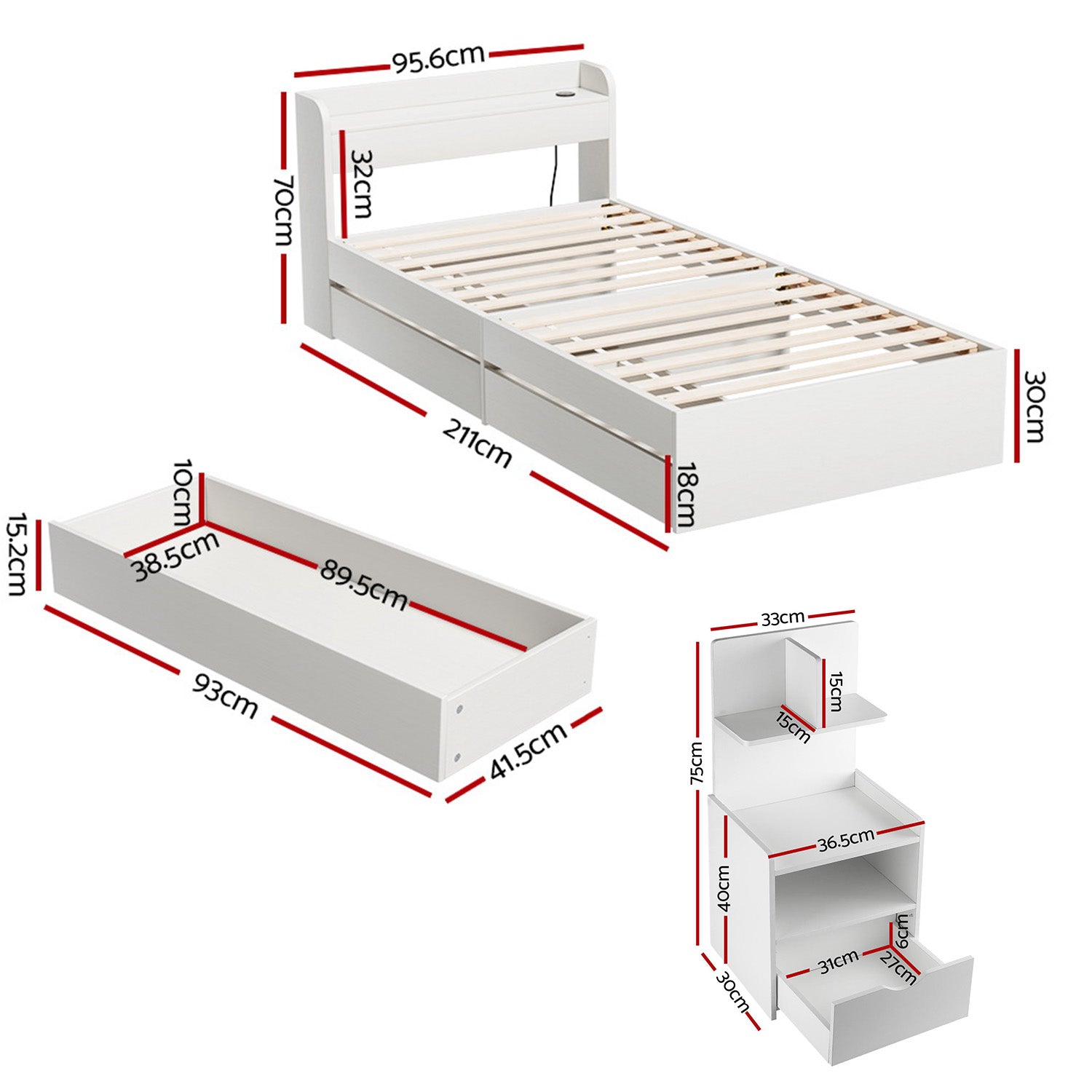 Aura Bed Frame & Bedside Table Set with USB Charging – White – Single