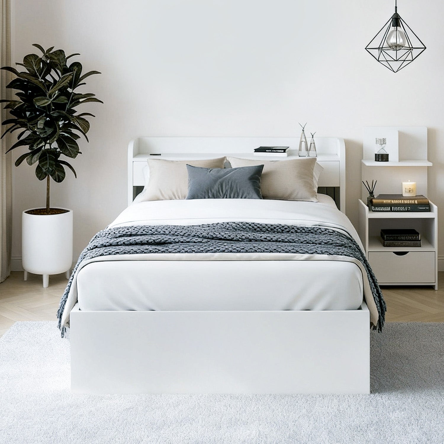 Aura Bed Frame & Bedside Table Set with USB Charging – White – Single