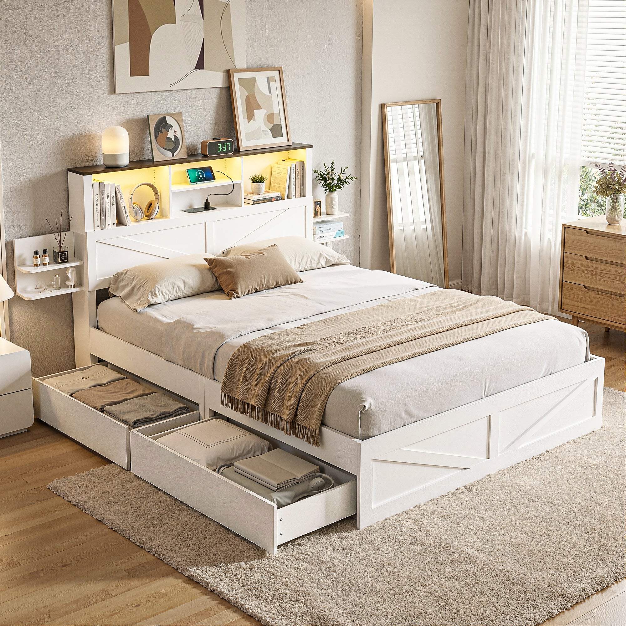 Rowan Bed Frame with Storage Drawers White Platform Bedframe with Bookcase Headboard Charging Station Led Light – Queen
