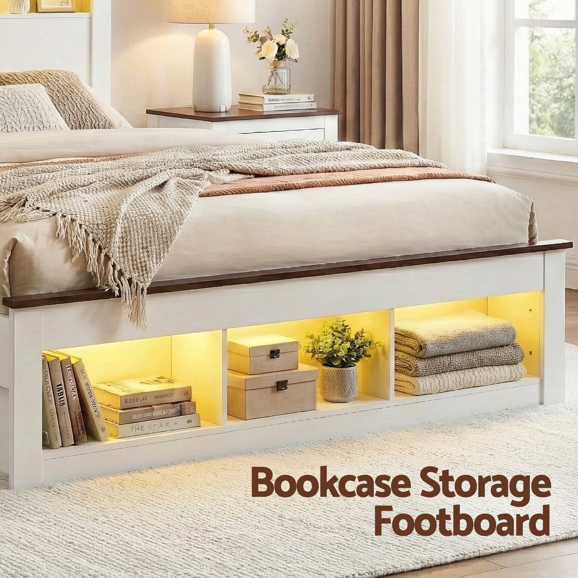 Linden Bed Frame with Storage, LED & Charging Station – White – Double